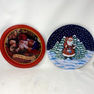 Two Vintage Christmas Themed 13" Round Tin Serving Platers
